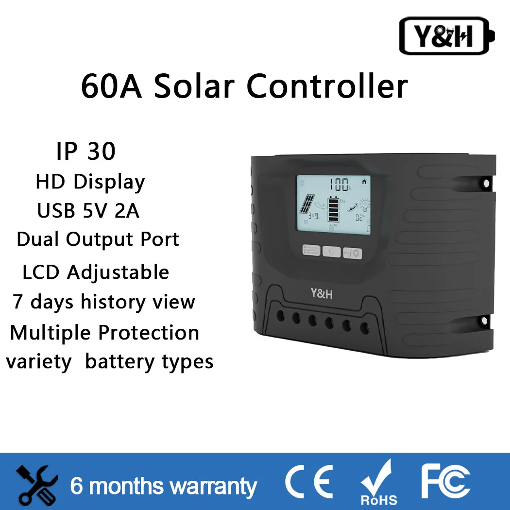 

Y&H 60A 80A Solar Charge Controller 12V 24V 36V 48V Solar Regulator with LCD Adjustable Parameters Sealed LiFePO4 Gel Flooded