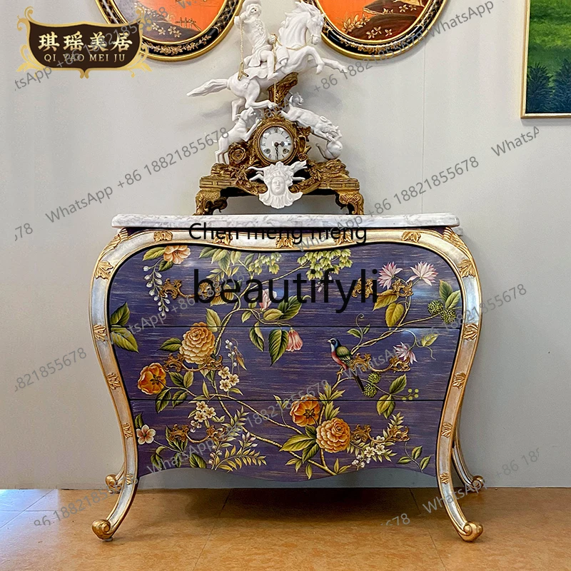 French Luxury Foyer Marble Top Decorative Cabinet Classical Painted Entryway Cabinet Chest of Drawers