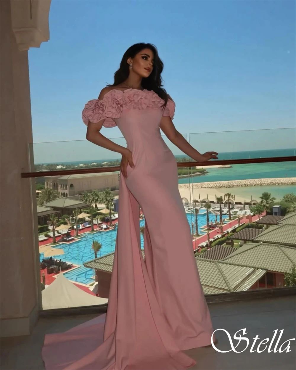 Customized Strapless Short Sleeves Exquisite Evening Dress Mermaid Floor Length Cocktail Dress Watteau Train Luxury Prom Dress