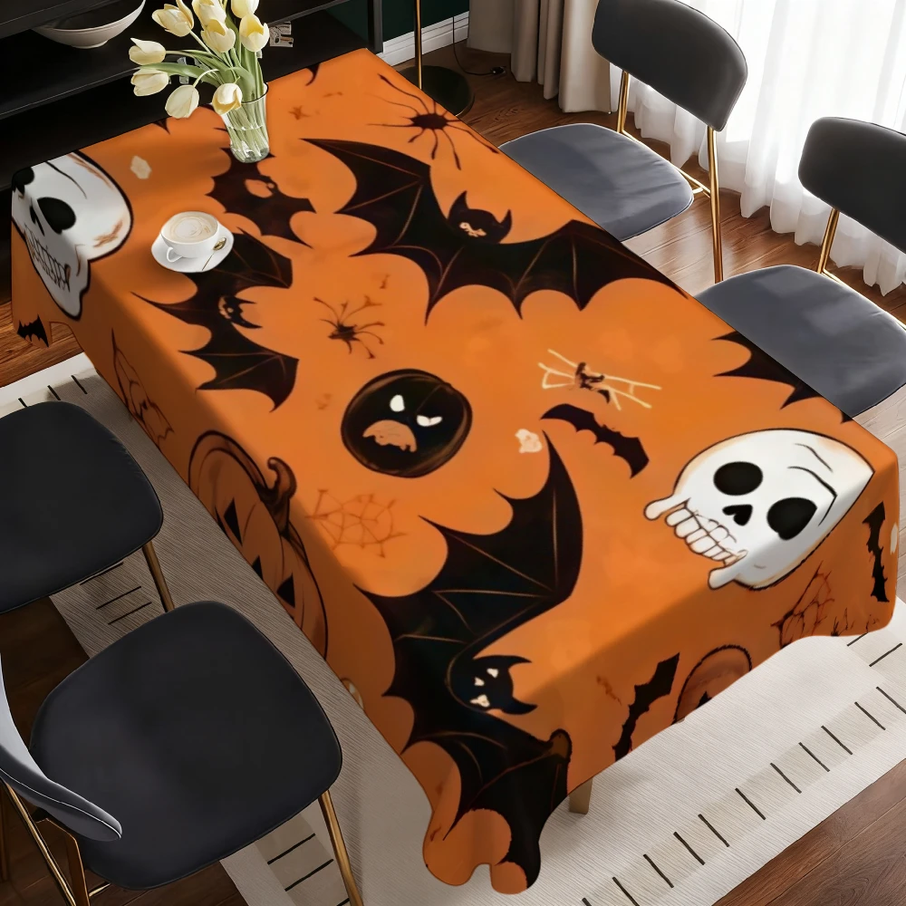 Halloween Rectangle Table Cloth Orange Base Skull Pumpkin Bat Spider Table Cover for Halloween Kitchen Dining Party Decor