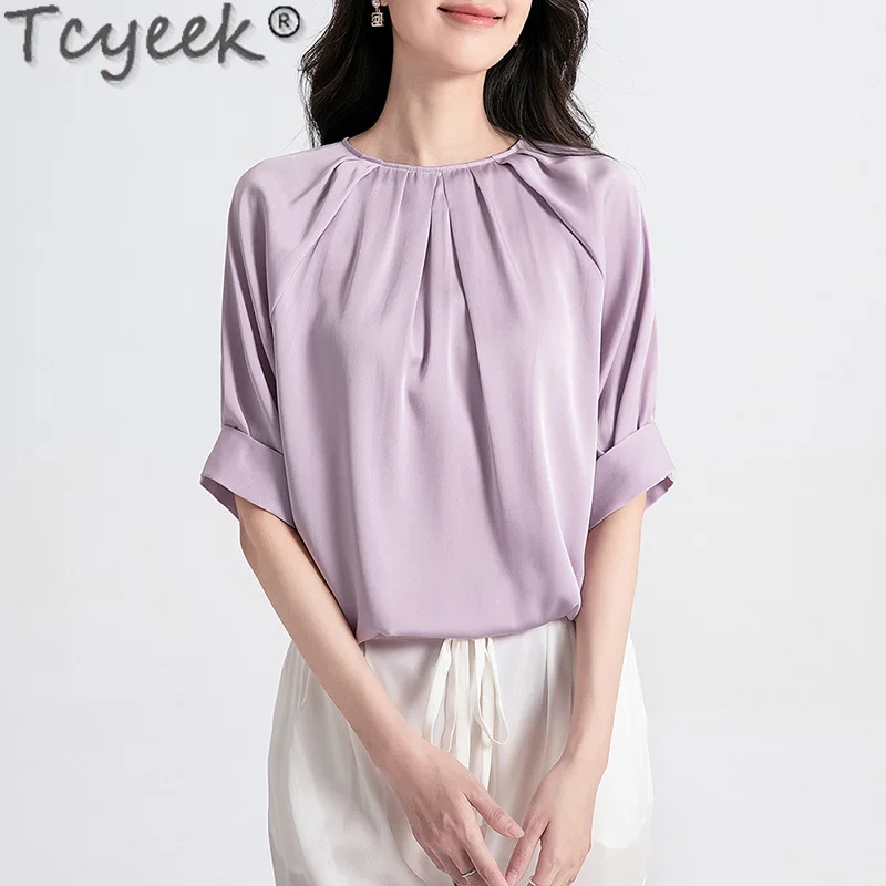 Tcyeek 100% Mulberry Silk T-shirt Elegant Tops Summer Clothes Soft Loose Fit Blouse Solid Color T-Shirts for Women أقمصة بتصاميم