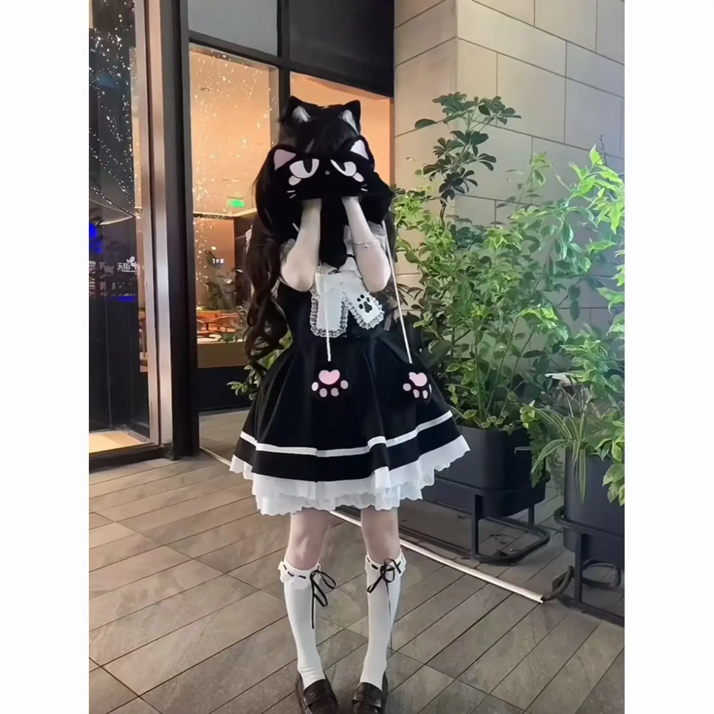 마고고 스윗 큐트 걸 로리타 슬리브리스 드레스 여성 카와이 고양이 배색 레이스 네이비 칼라 컷아웃 백 미니 드레스