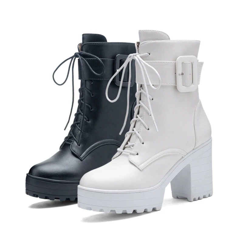 ASILETO ใหม่รถจักรยานยนต์ข้อเท้า BootsBuckles Zip รอบ Toe 9 ซม.ส้น Lace Up สีขาวสีดําขนาดใหญ่ขนาด 42 43 US12 แฟชั่น Cool