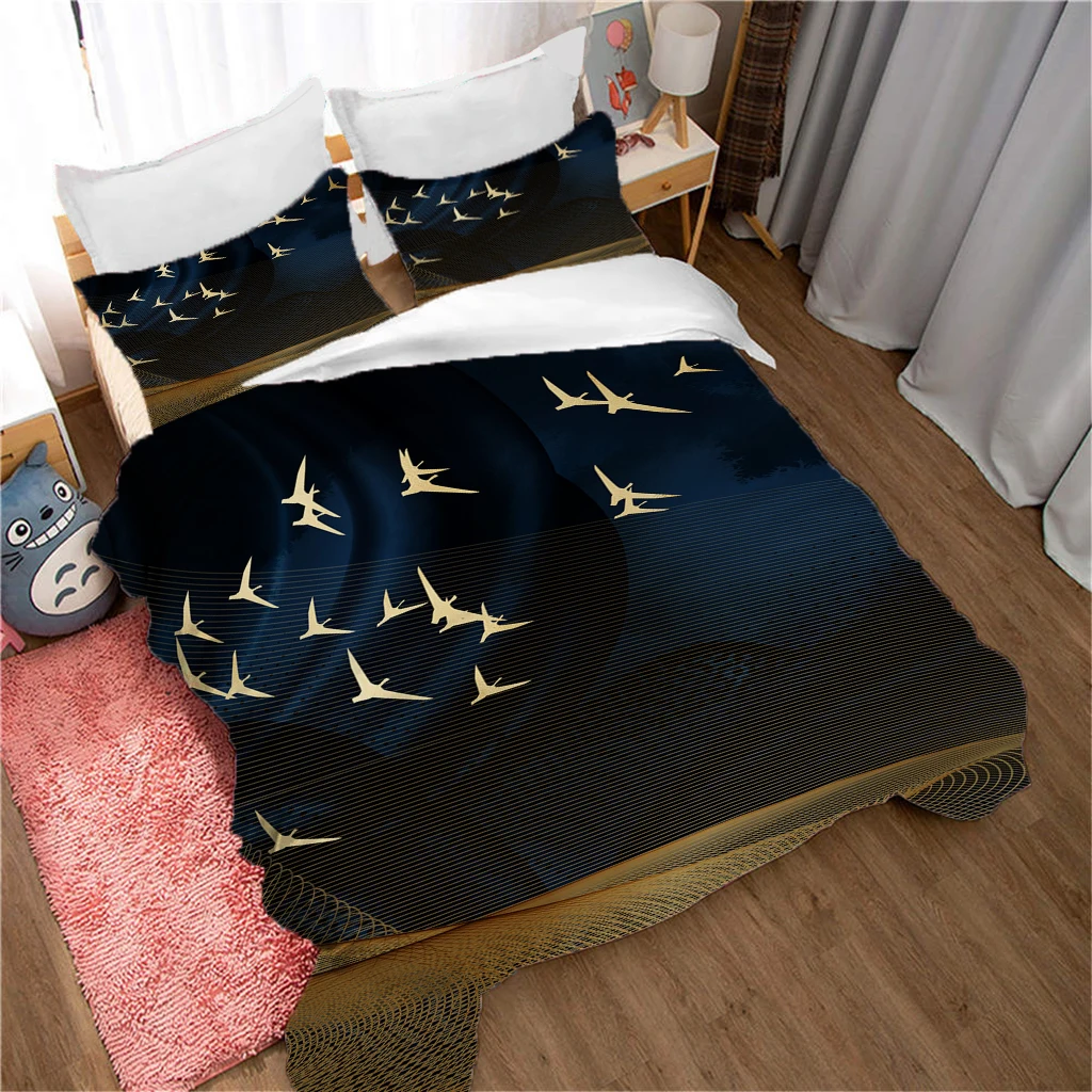 HUANZHUANG Quilt Cover Girl Room Gold Abstract Swallow Pattern 3D Bed Linen Children Duvet Cover Set Pillowcase King Size Gorgeo