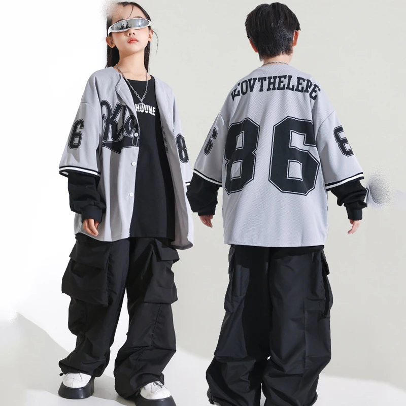 

2023 New Loose Coat Cargo Pants Suit Jazz Dancing Outfits For Girls Streetwear Boys Modern Hip Hop Dance Stage Costumes DQS14407