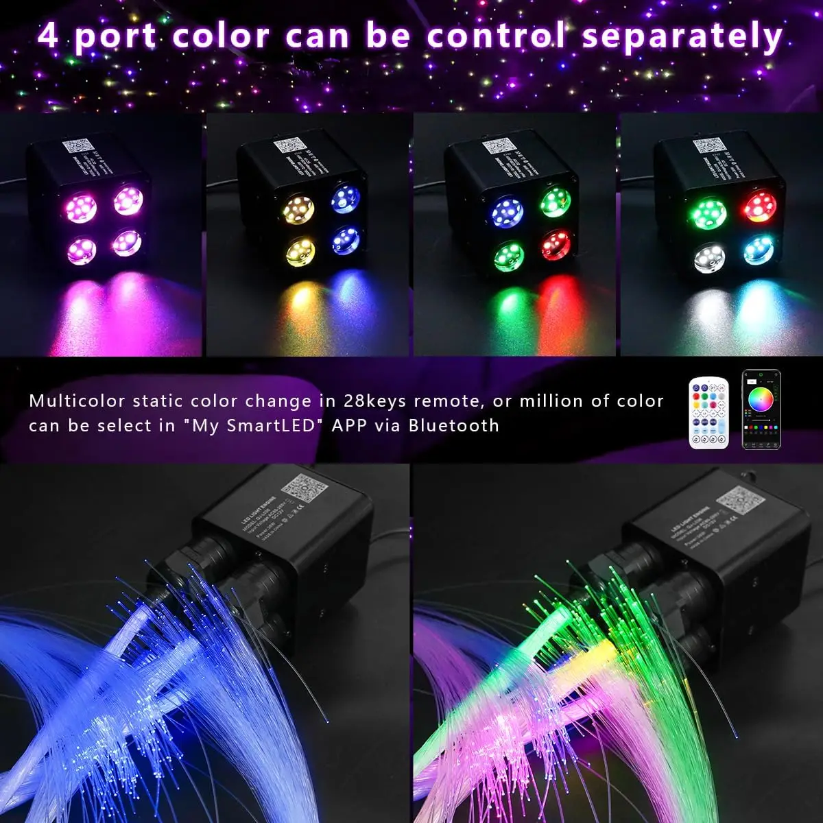 4 Ports same or different RGB color Twinkle 36w Headliner Fiber Optic Light illuminator Starlight Box W/App Sound/Remote Control