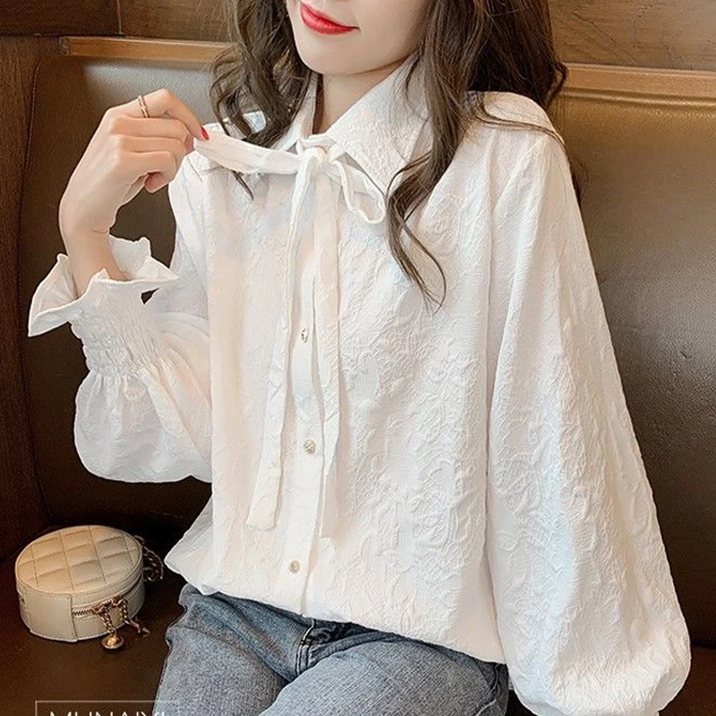 Women\'s Vintage Lace Up Bow Sweet Chic Texture White Casual Street Oversized Blouse Shirt Korean Fashion Flare Sleeve Top Female