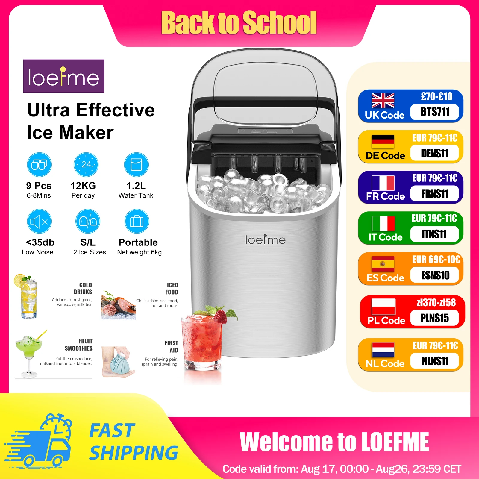 LOEFME Portable Mini Fully Automatic Bullet Shaped Ice Maker 12kg/24h 6 Minutes/9pcs Ice Cubes W/ Scoop Professional Ice Machine