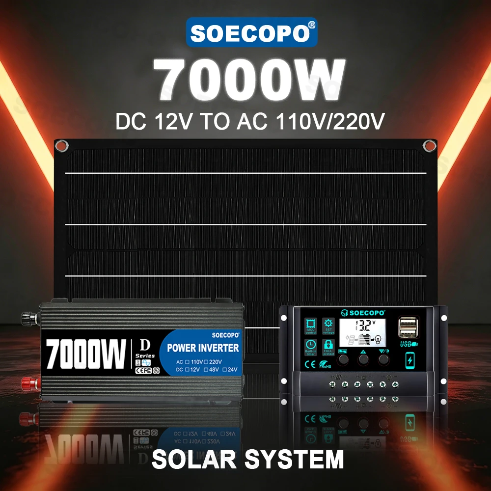 SOECOPO 7000W Peak Solar System Kit 800W Panel 100A Controller 12V To 110V 220V Inverter Generator for Sailboat Lawn BBQ Party