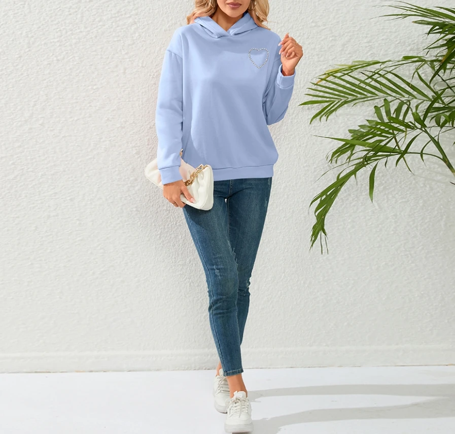 Women Sweatshirts Autumn Fashion Heart Shaped Hot Diamond Hollowed Out Casual Long Sleeved Loose Daily Hoodie Sweatshirts