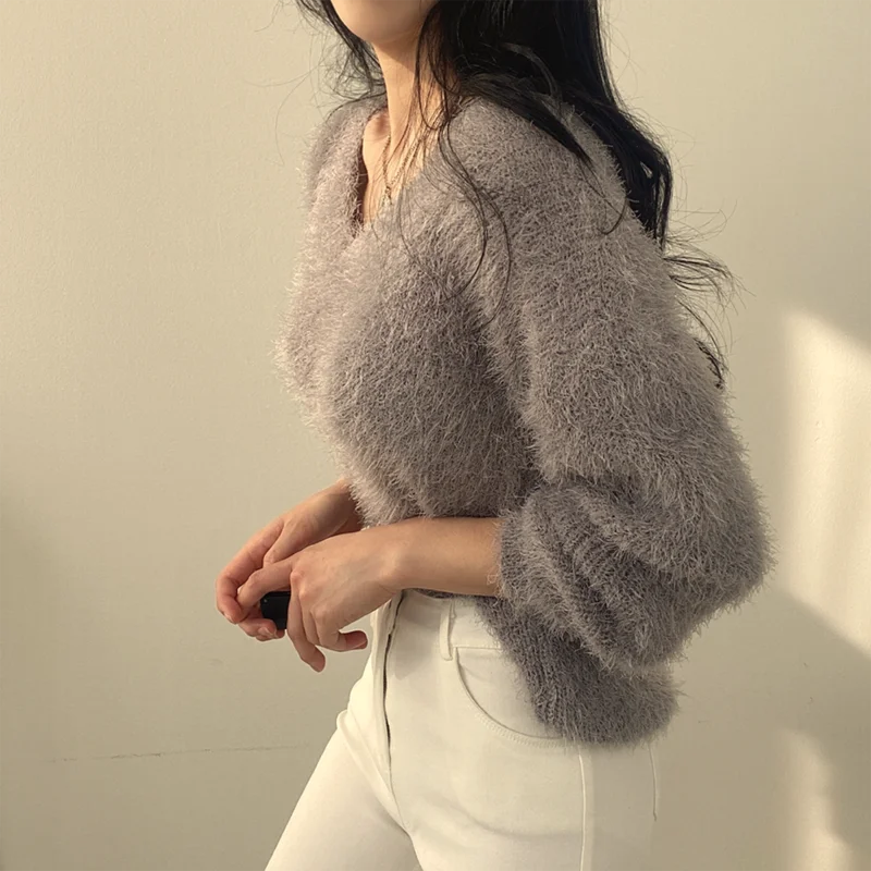 Women V Neck Oversized Sweater Solid Korean Pullover Autumn Winter Loose Thick Furry Warm Sweaters For Women Jumpers Mohair Top