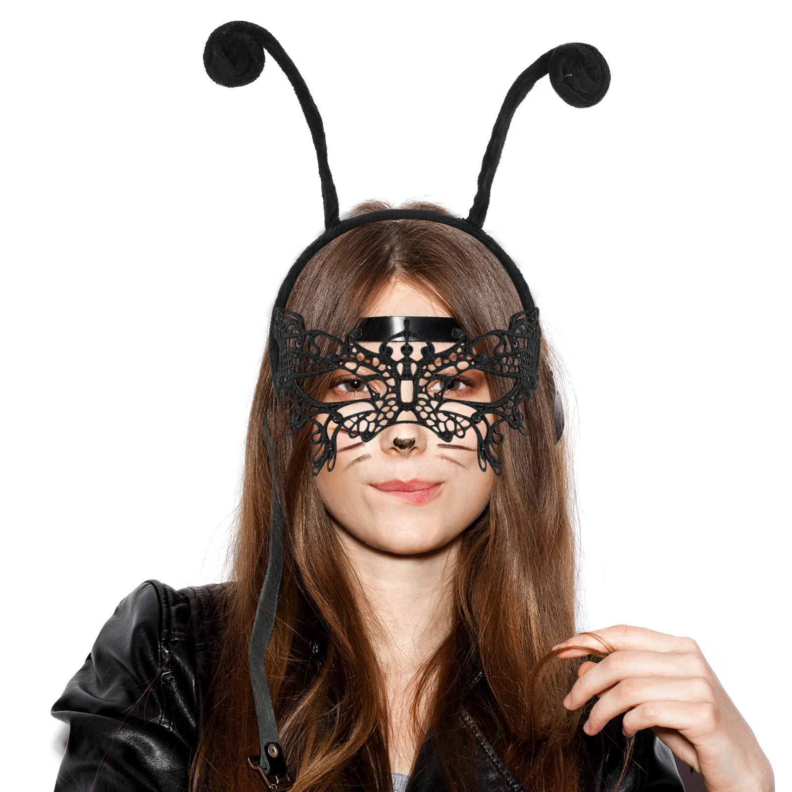 1 conjunto de antena preta bandana máscara de renda halloween cosplay acessórios de festa decoração de cabelo para festival baile de máscaras traje wear