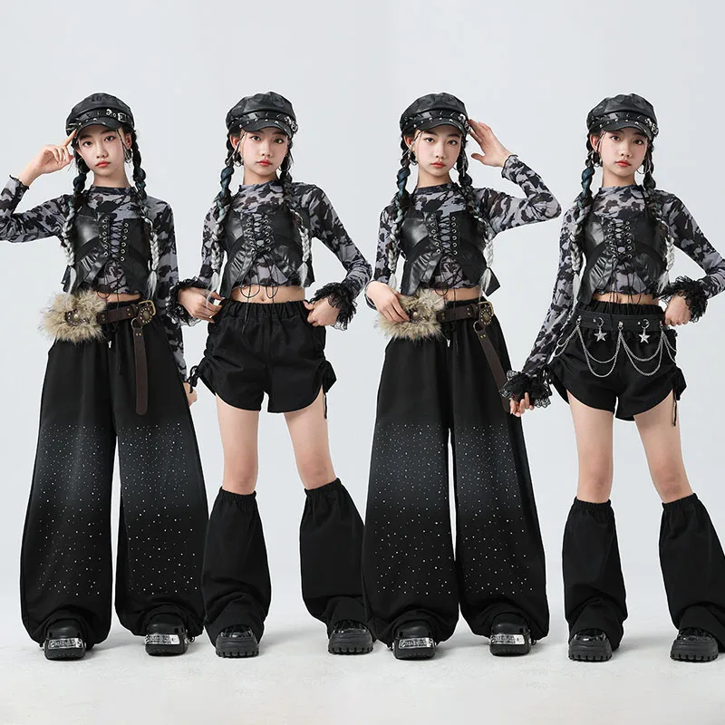 2026 Kpop Dance Clothes Girl's Show Stage Outfit Jazz Dance Performance Costume Crop Top Shuffle Pants Kid Streetwear VDL5234