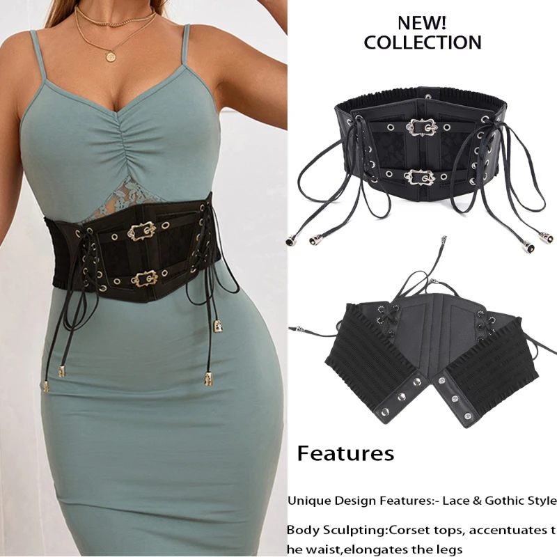 핫세일！여성용 고딕 코르셋 벨트, 레트로 탄성 레이스업 허리 조임끈 (드레스용), 펑크 하네스 벨트 고스 패션 액세서리