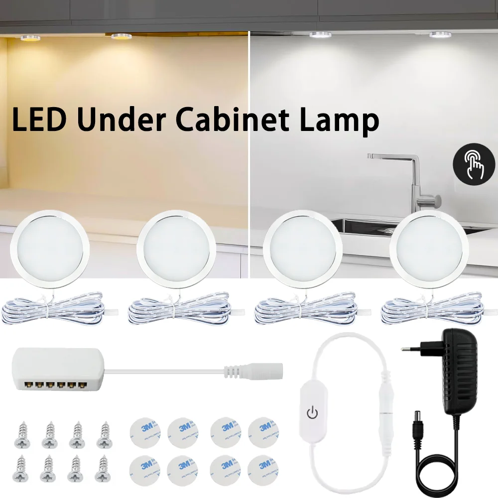 

12 В круглый светодиодный светильник под шкафом с регулируемой яркостью, сенсорный переключатель, белый теплый белый шкаф, кухонный шкаф, ночник, декор комнаты