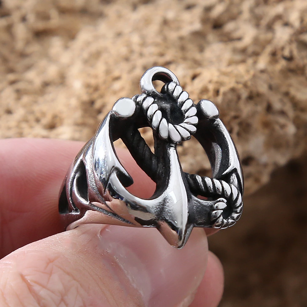 Vintage Nordic Pirate Stainless Steel Anchor Ring Mens Punk Hip Hop Hollow Biker Sailor Viking Ring Amulet Jewelry Gift