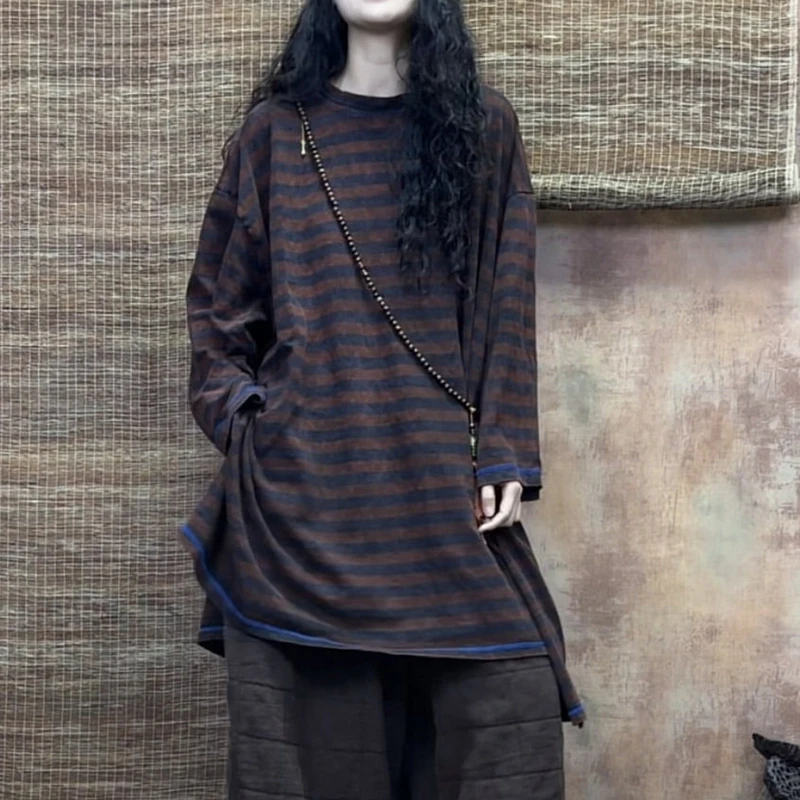 

2025 New Arrival Spring/autumn Women Classic Style Good Quality Cotton Striped Print O-neck Tops Tees Long Sleeve T-shirt S94