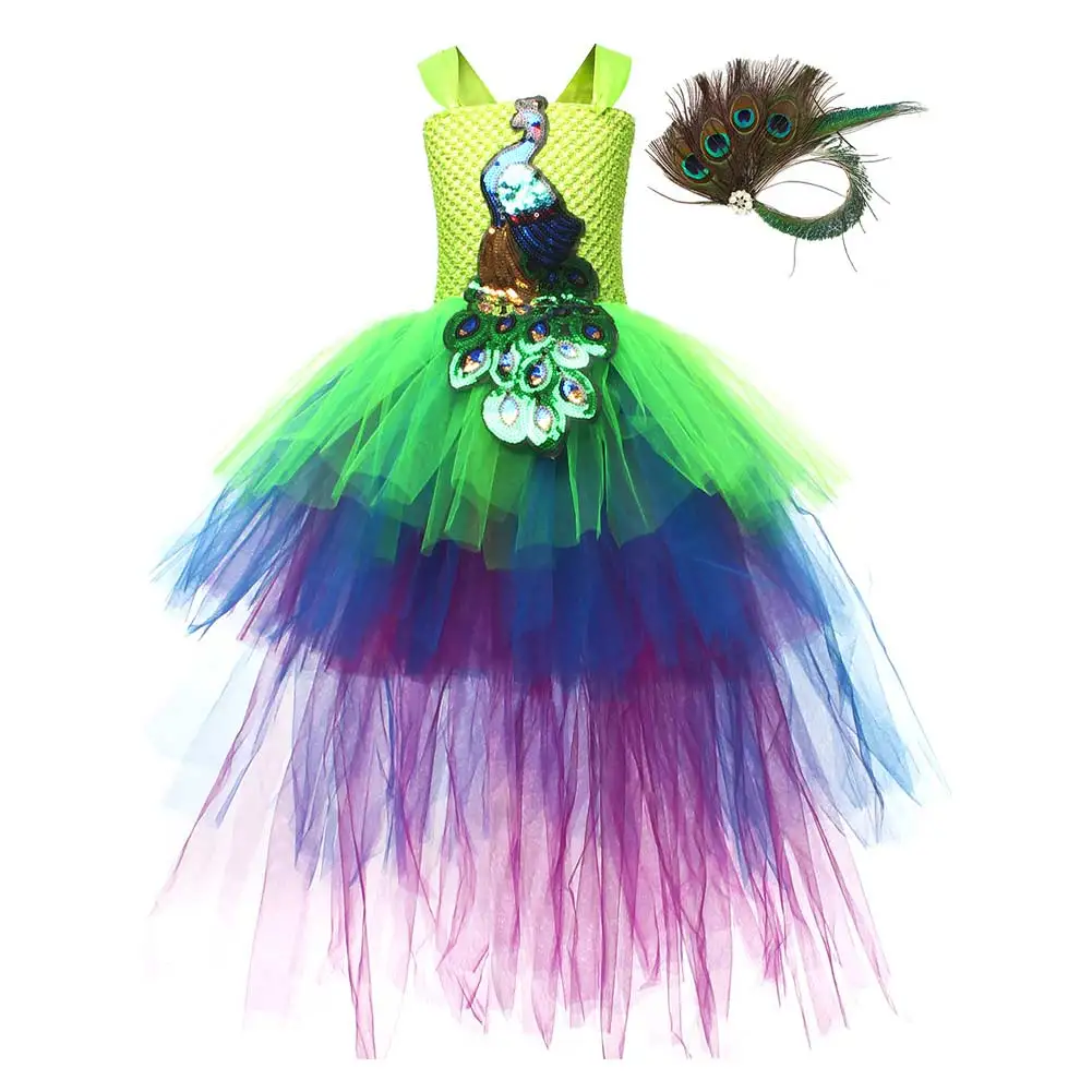 Peacock Stage Performance Cosplay Dress Headwear Kids Children Girls Costume Outfits Halloween Carnival Party Roleplay Suit