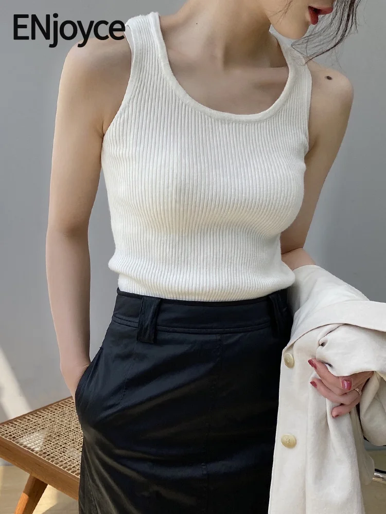 

ENjoyce Summer Women Basic Solid Color Knitted Vests Tank Tops Ladies Strap Elastic Sleeveless Suspender Korean Knitwear