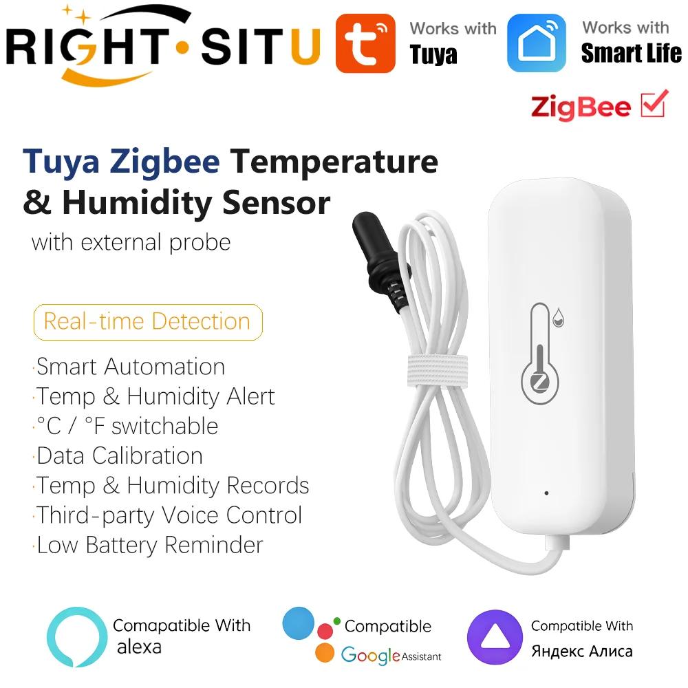 Tuya Zigbee Sensor für Temperatur und Luftfeuchtigkeit mit externer Sonde, APP-Fernüberwachung über SmartLife, Sprachsteuerung mit Alexa und Google Home