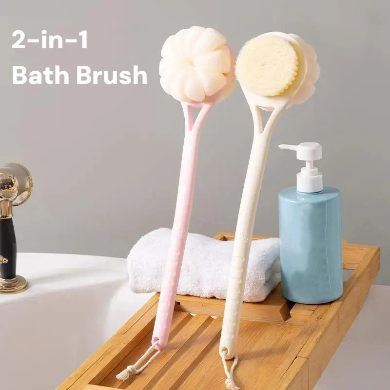 Double Sided Long Handle Bath Brush With Nylon Bristles And Mesh Puff For Shower Exfoliating Back Scrubbing