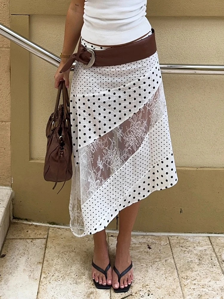

Sibybo Polka Dot Print A-Line Skirt Women Summer Fashion Streetwear Lace Patchwork High Waist Loose Irregular Long Skirts