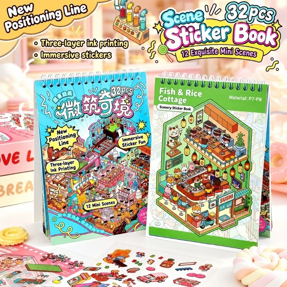 Micro Building Wonderland Landscape Sticker Collection Book Collage PET 3D Miniature Scene Stickers DIY Cabin Scene Sticker Toy