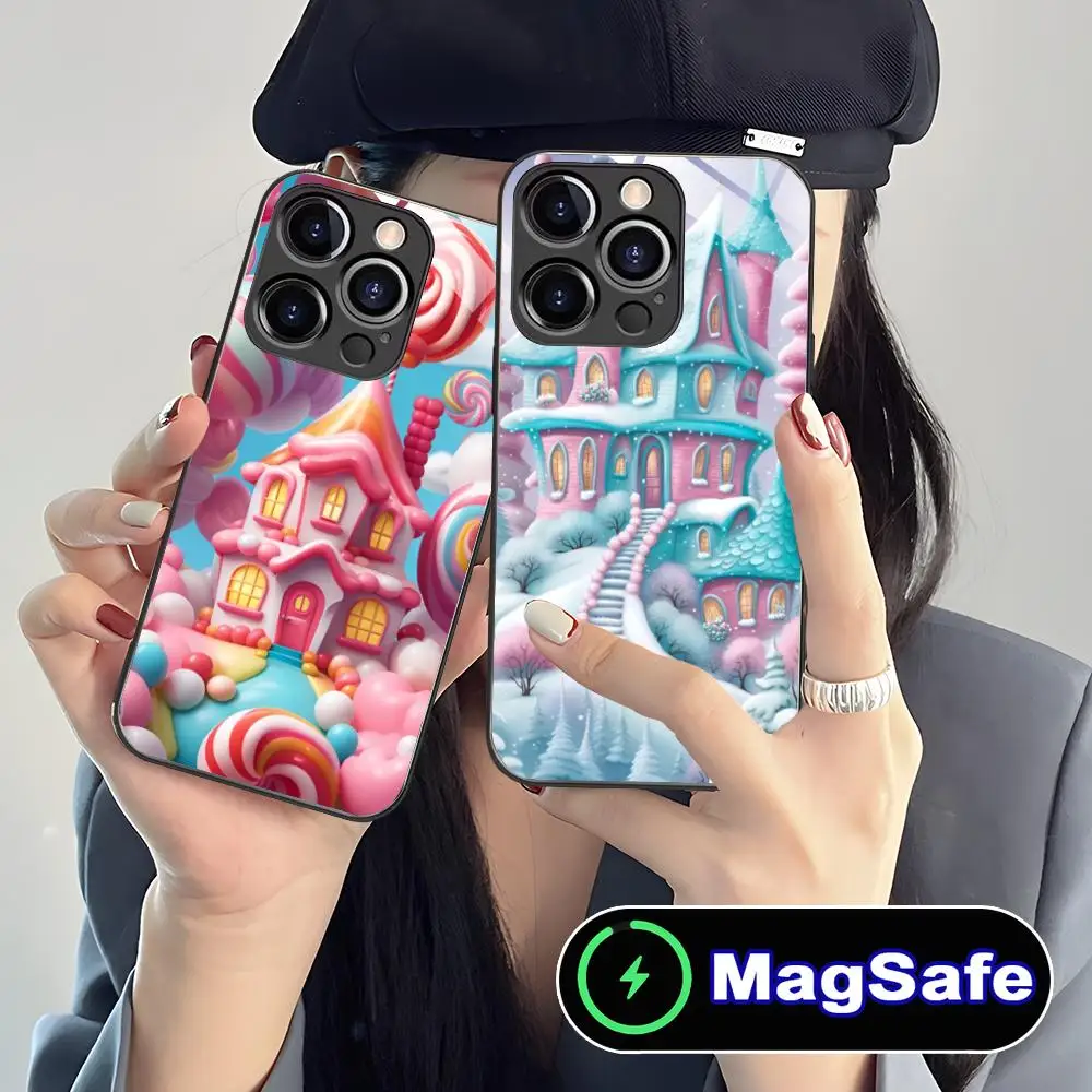 

Чехол Candy Castle для iPhone 17 16 15 14 13 12 11 Air Pro Max Plus Mini, стеклянный, цветной, с поддержкой MagSafe, красивый