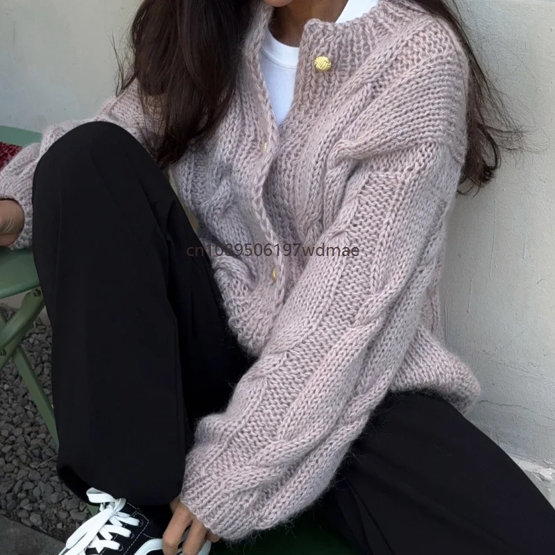 Women Chunky Knit Cardigan Oversized Puff Sleeve Sweater Jacket Vintage Loose Cropped Knitted Coat Fall Winter Casual Outerwear 5