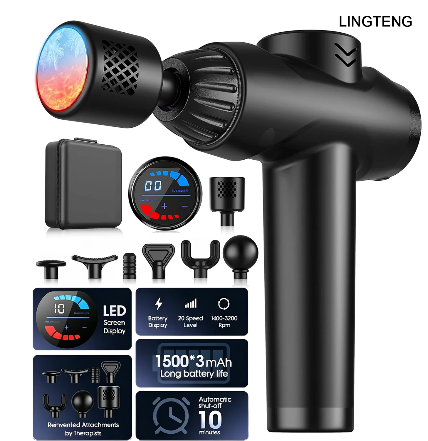LINGTENG Massage Gun with Hot and Cold Functions, Deep Tissue Massage Gun, Back and Neck Massager, Muscle Percussion Massager, Handheld Massager, 7 Massage Heads, Comes with Storage Case, Christmas Gift, Birthday Gift, Sports Gift
