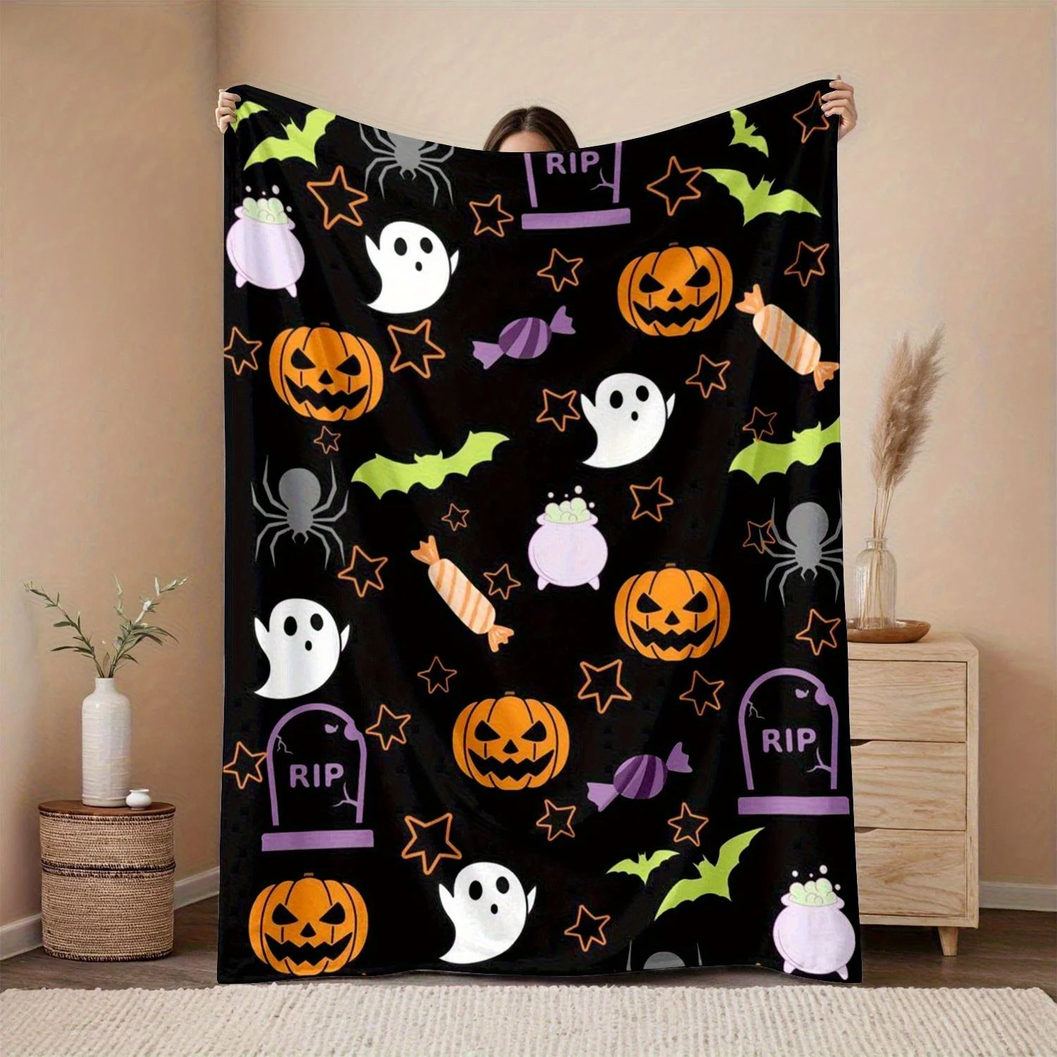 Spooky Halloween Blanket Set - Pumpkin, Candy, Bat, and Spider Designs, Flannel Throw with RIP Motif, Perfect for Bedroom