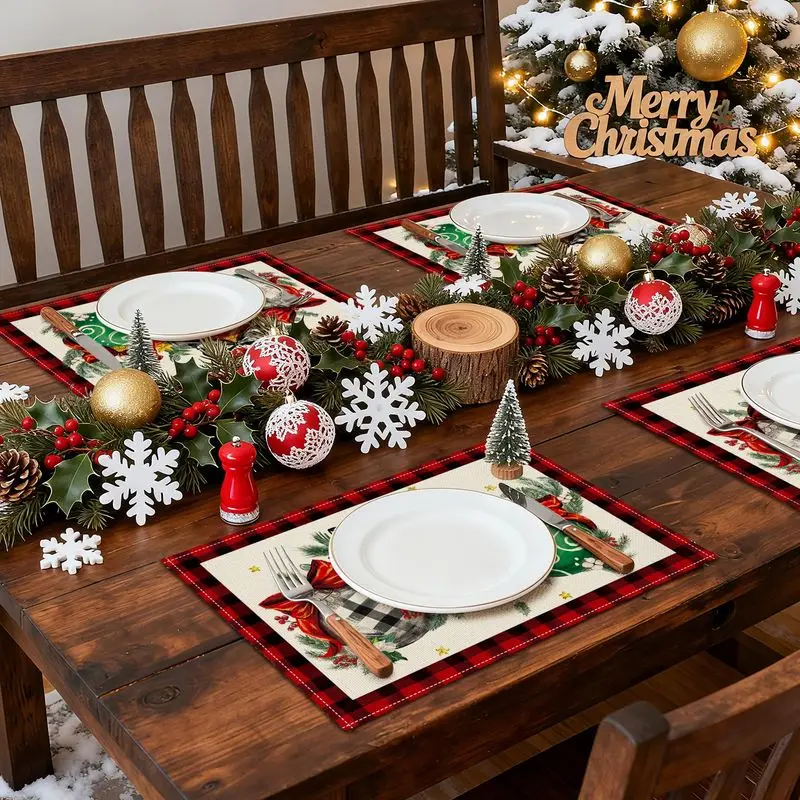 VIKAMA Christmas Placemat Buffalo Plaid Xmas Ball Pine Cone for Dining Table Home Kitchen Winter Holiday Table Decor