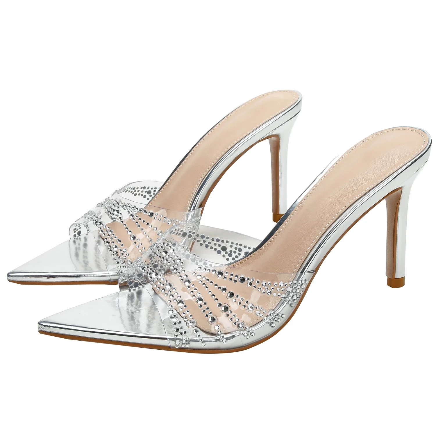 【Measure Your Feet Length Before Order】Women Stiletto High Heel Slide Sandal Crystal Pointy Toe Sexy Luxry Dress Shoe 79-CHC-33
