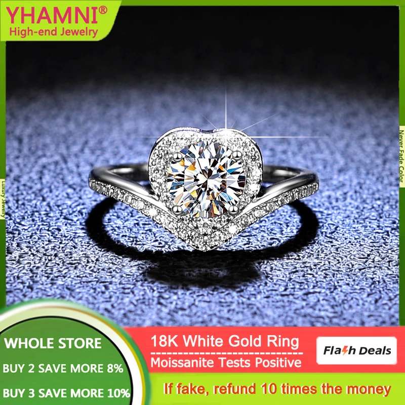 

YHAMNI 18k White Gold Ring Woman New Trendy 2023 1 Carat Mosanite Diamond Heart Engagement Ring with Certificate Fine Jewelry