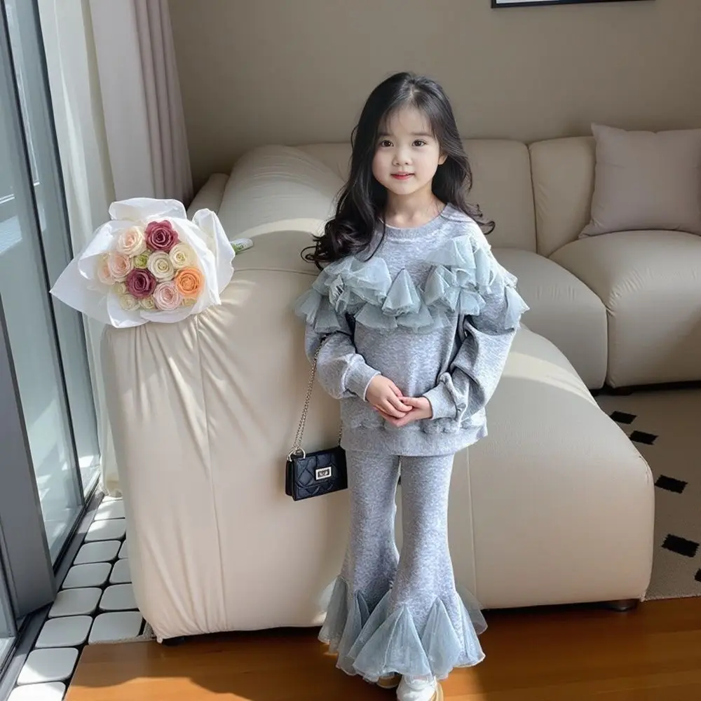 Mesh-paneled Hoodie with Flared Pants Sweatshirt Set Top & 2-Piece Girls Fashion Clothes Outfit Girl Outfits Children's Clothing