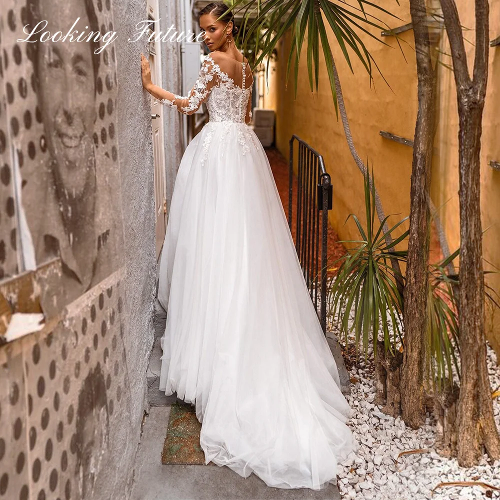 Robe de mariée élégante en tulle avec appliques en dentelle, ligne A, manches longues, col rond, Icidal, dos des patients, train de balayage, 2024