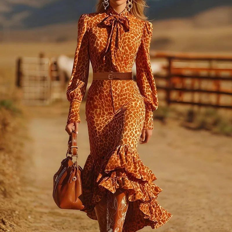 

Женское осеннее платье с длинными рукавами по индивидуальному заказу, макси-платье с леопардовым принтом для женщин, модная многослойная юбка больших размеров с листьями лотоса