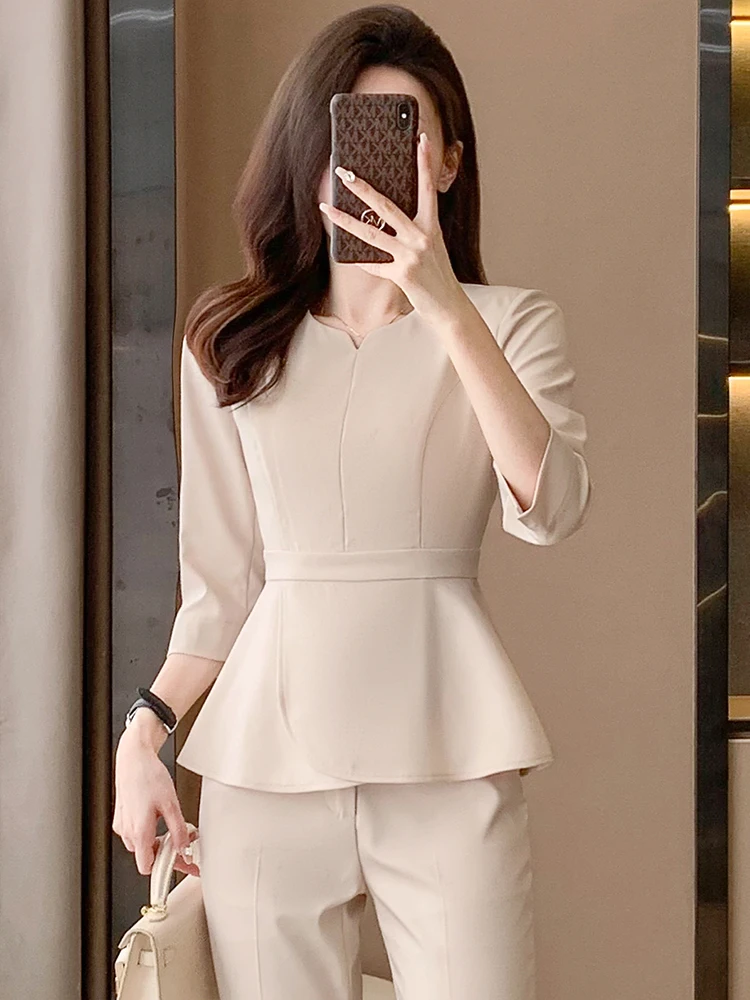 

Peach Color Professional Women's Suit Set Summer New High End Work Uniform for Beauty Salon Therapists Long Pants Seven Sleeve