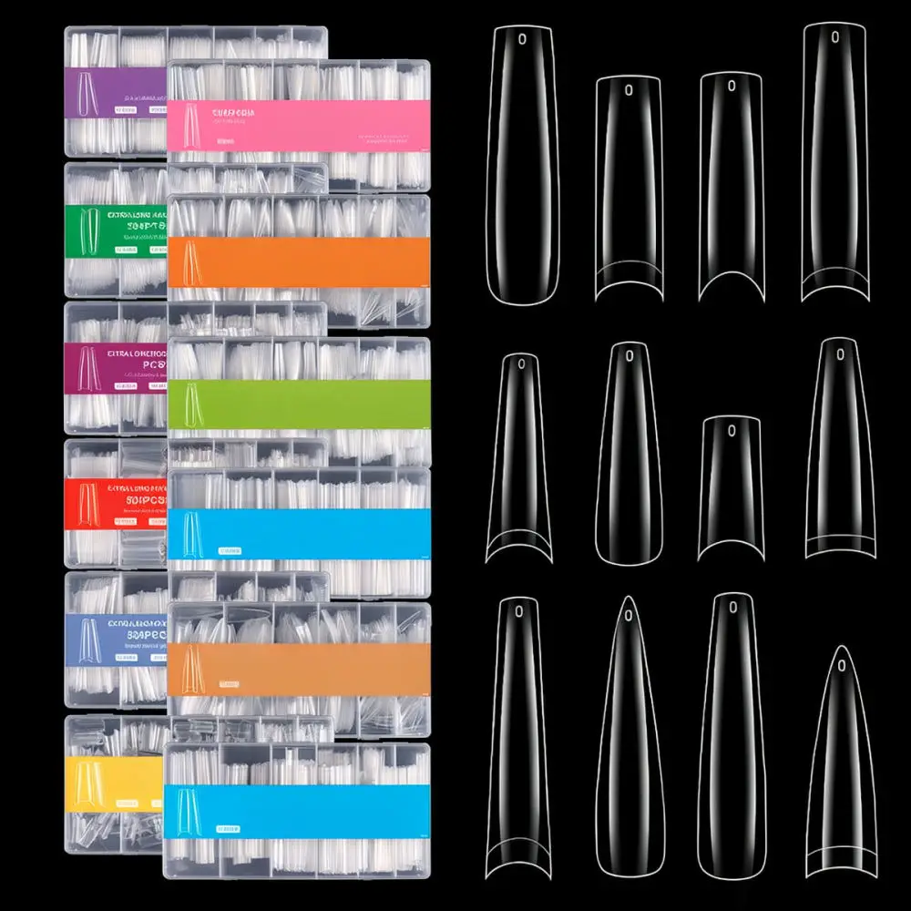 Long Coffin Artificial Nail Tips Transparent False Nails For Manicure Extension Tool Salon DIY Beauty Accessories