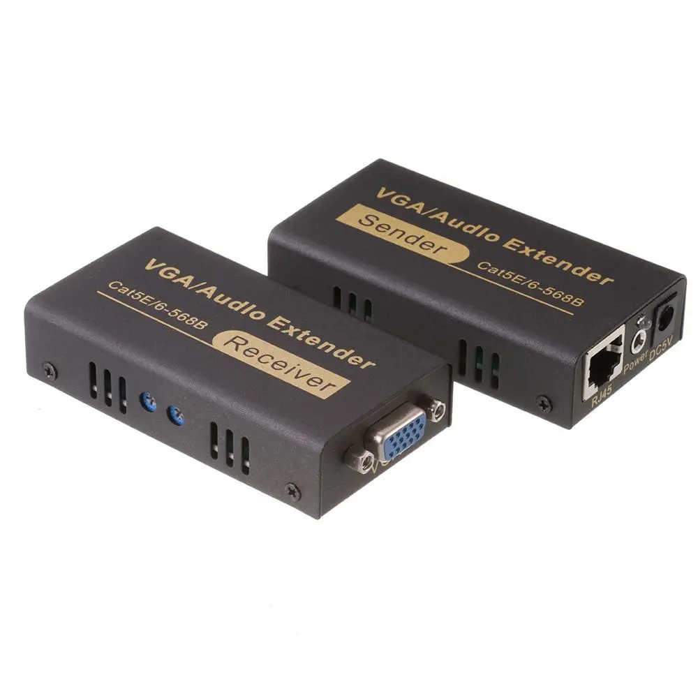 100 M 1080 P Audio Video Extender VGA Su Singolo RJ45 CAT5e/6 HDB15-F, audio DC3.5 Mittente Ricevitore Supporto DOS, wondows, Apple, MAC