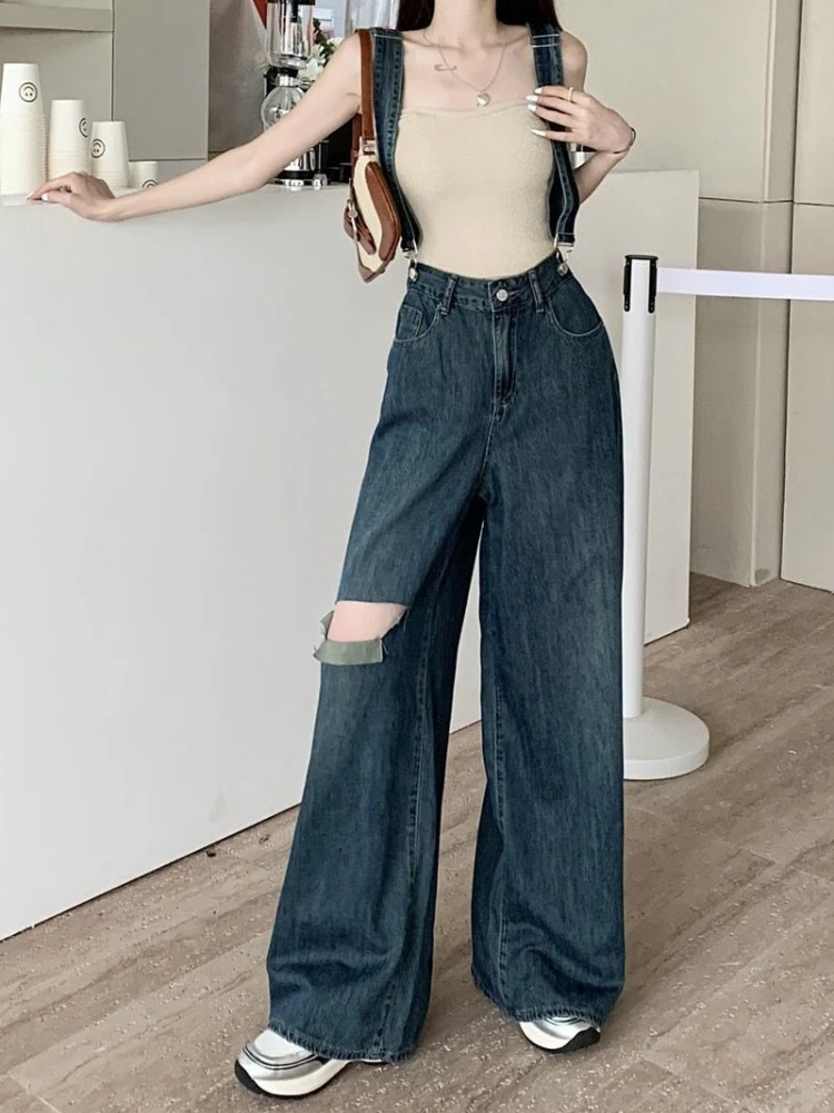 

Новые летние джинсовые комбинезоны 2026 года для женщин: рваные, с высокой талией, свободного кроя, визуально стройнящие, с широкими штанинами, в корейском стиле, универсальные