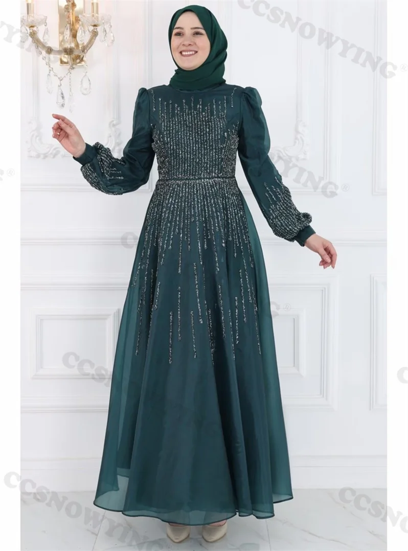 

Organza Appliques Beaded Muslim Evening Dresses Long Sleeve Hijab Islamic Women Formal Party Gown Arabic Dubai Robes De Soirée