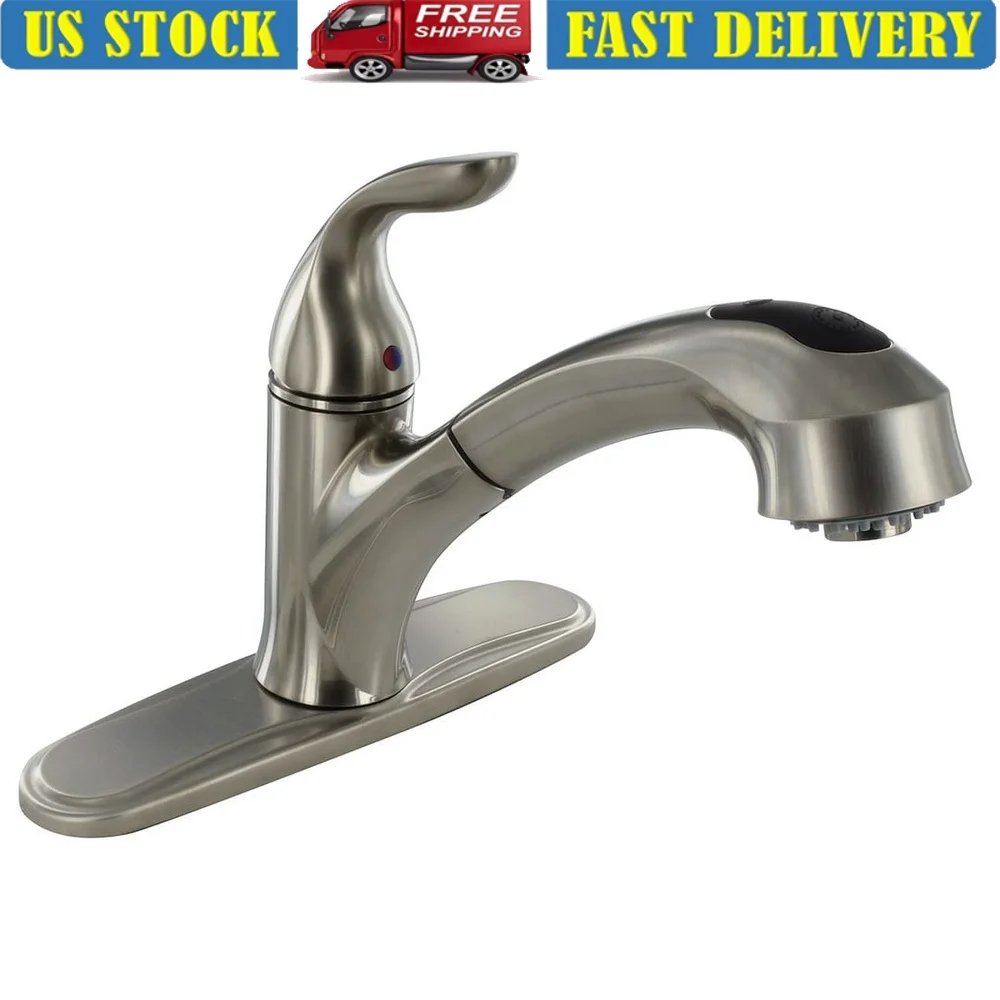 

Выдвижной кухонный смеситель с одной ручкой, матовый никель, 10-дюймовый излив, регулируемая скорость потока, 2,2 галлона в минуту, керамический клапан, крепление на 3 отверстия