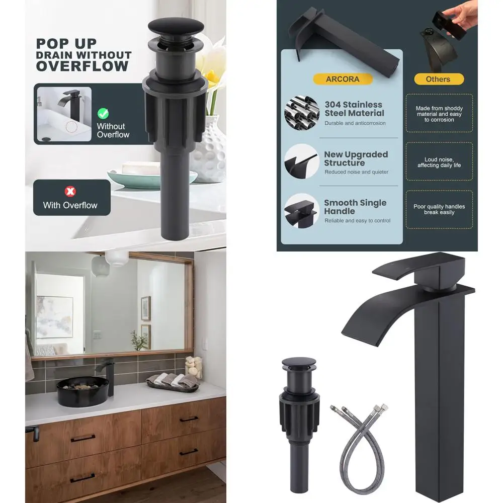 

Matte Black Single Hole Tall Bathroom Faucet with Single Handle, Waterfall Spout, Pop-Up Drain, and cUPC Supply Lines