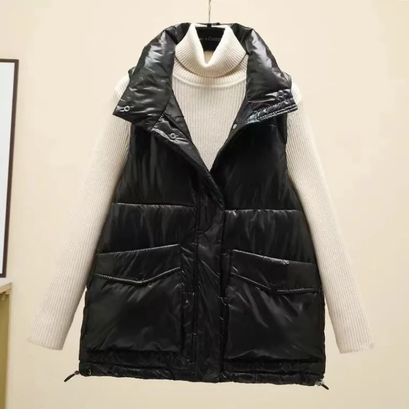 Women's Down Cotton Waistcoat Casual Vest Fashion Versatile Loose Stand-up Collar Sleeveless Outerwear Jackets for Women