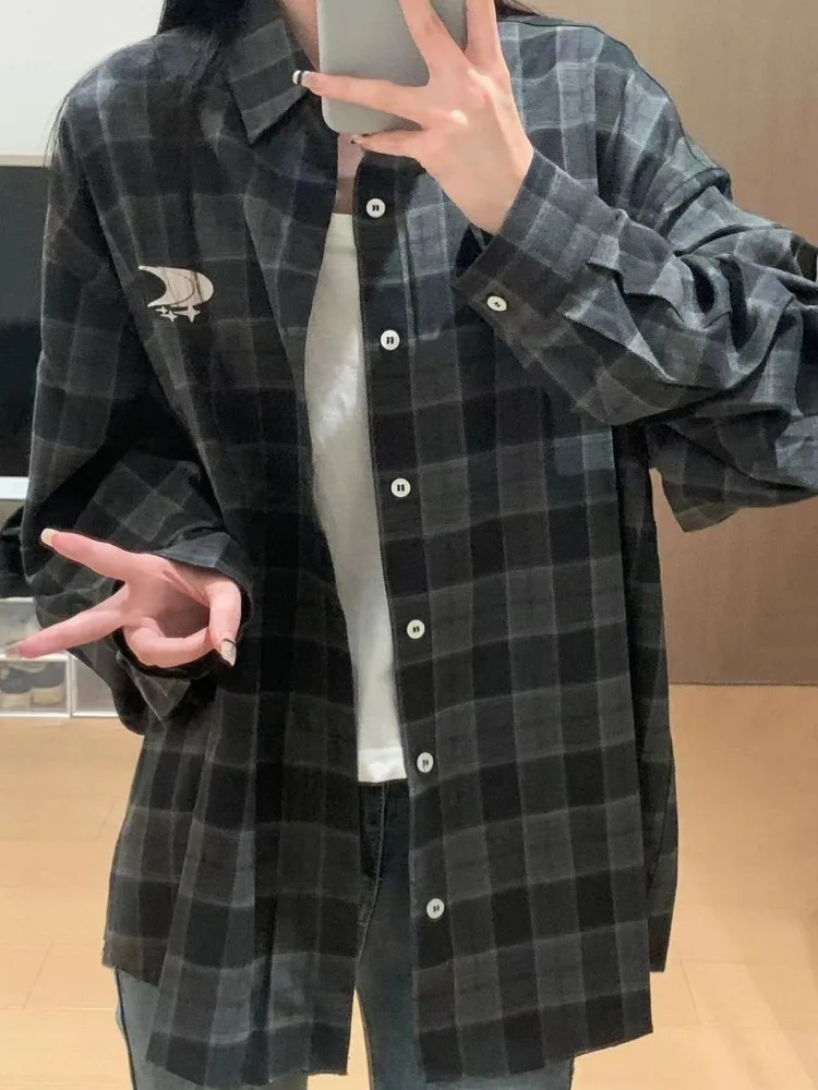 Deeptown Vintage Langarm Plaid Shirts Y2k Frau koreanischen Stil Blusen Harajuku Mode japanische Overs ize Check Outer wears