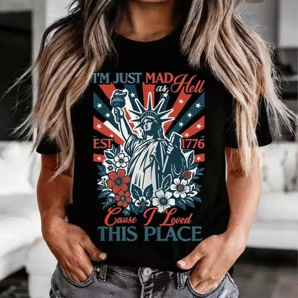Essential Basic,I'm Just Mad As Hell Patriotic Tee, Vintage 4th Of July Shirt,Crew Neck Short Sleeve 100% Cotton Regular Fit Casual Top