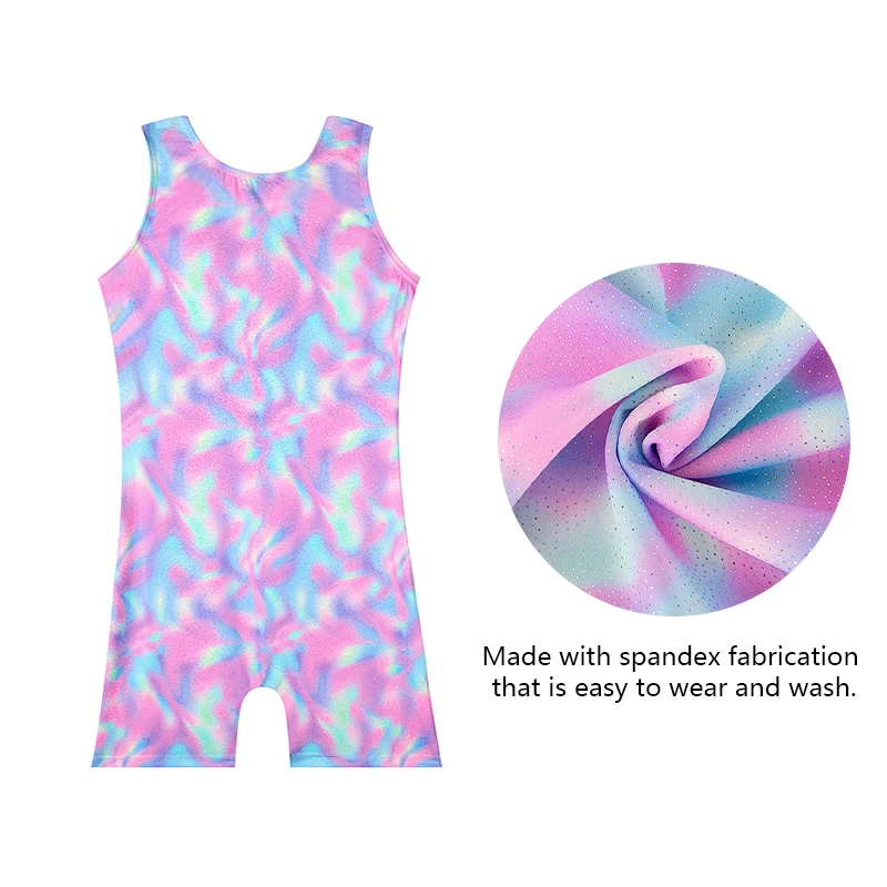 Leotardo de gimnasia para niñas, traje de baile sin mangas elástico Tie Dye para niños, mono de ciclismo de rendimiento