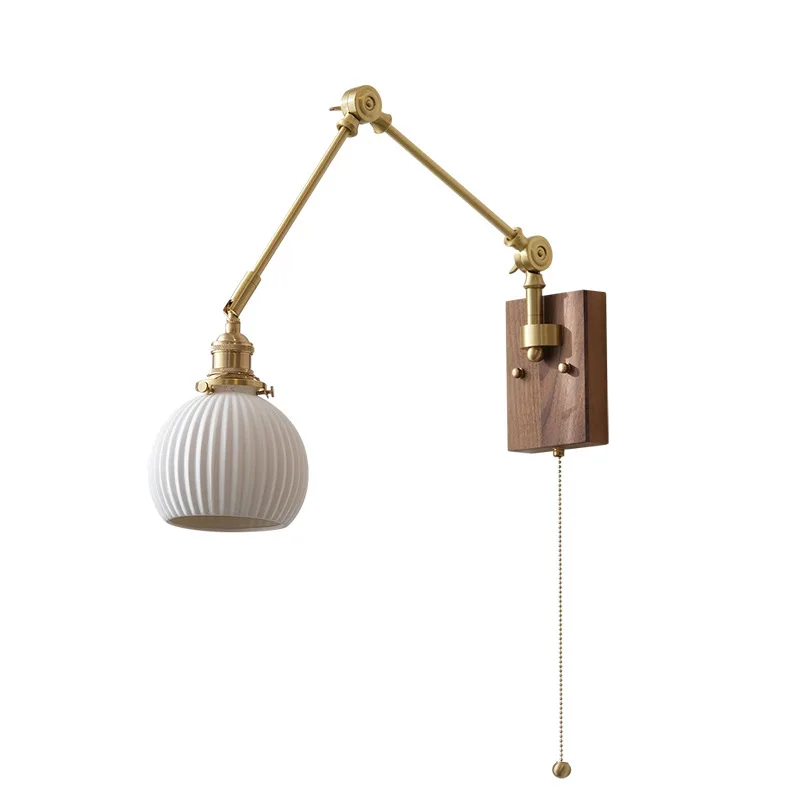 

French retro bedroom bedside lamp, medieval Nordic brass walnut reading wall lamp