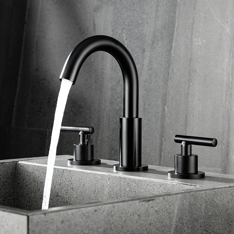 Black Hot Cold Water Function Deck Mounted High-Arc Widespread Bathroom Basin Mixer Tap Faucet 3 Holes